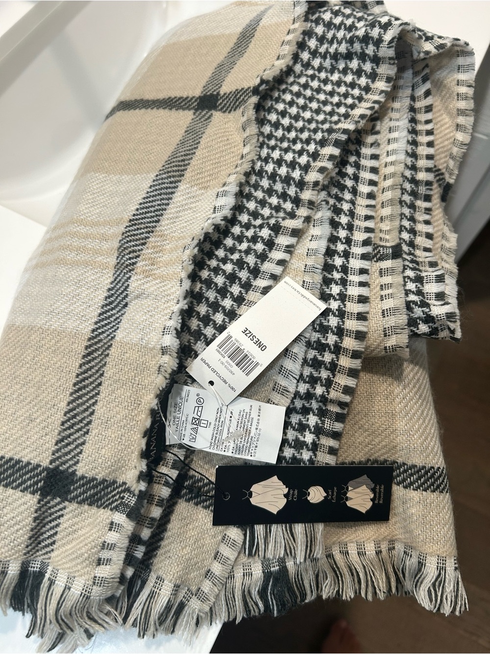 Banana Republic Beige & Black Plaid Fringe Throw Poncho